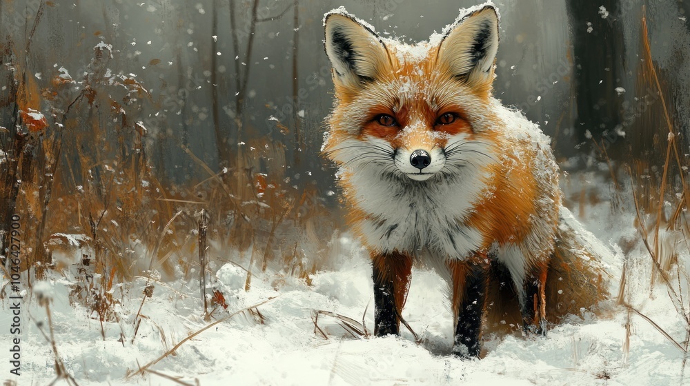 Obraz premium A fox in a snowy landscape, showcasing winter wildlife beauty.