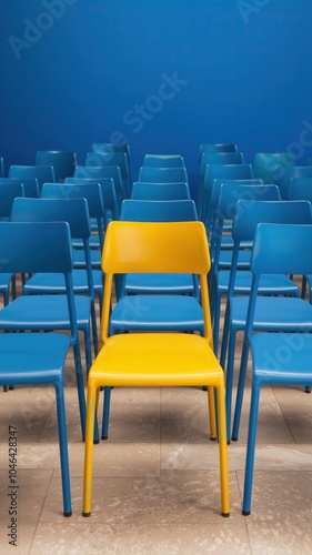 Yellow chair is sitting in front of a row of blue chairs