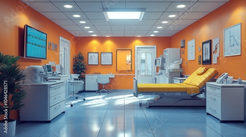 Modern medical examination room with bright orange walls.