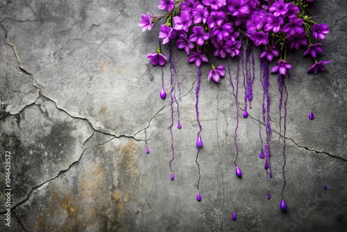 Fototapeta Naklejka Na Ścianę i Meble -  Violet dripping flowers on a cracked stone background, colorful blooms, violet