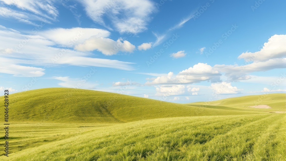 Rolling green hills under a bright blue sky with fluffy clouds Rolling green hills under a bright blue sky with fluffy clouds