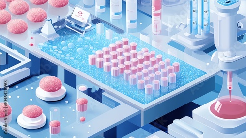 Large and cute ELISA system, with antibody and microarray tech, flat illustration photo