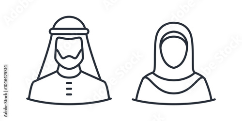 Arabic Muslim man and woman icon. Muslim couple thin line vector illustration.