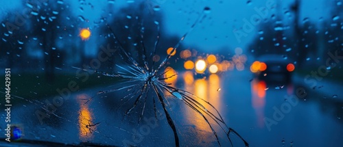 Cracked Windshield with Raindrops in Urban Setting
