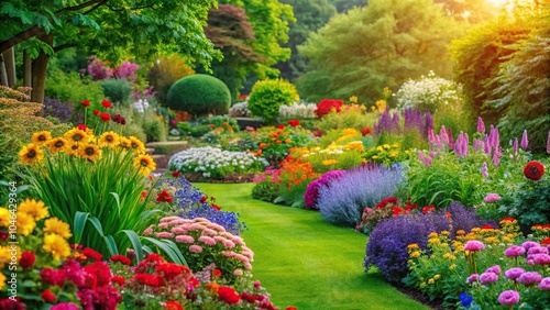 Vibrant garden filled with colorful flowers and lush greenery, flowers, garden, garden bench