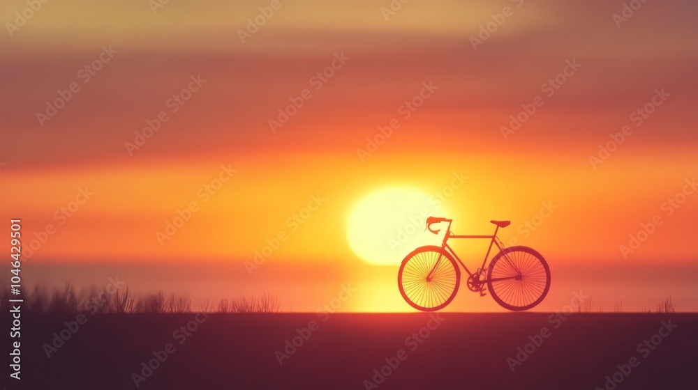 Fototapeta premium A silhouette of a bicycle on a road overlooking a sunset.