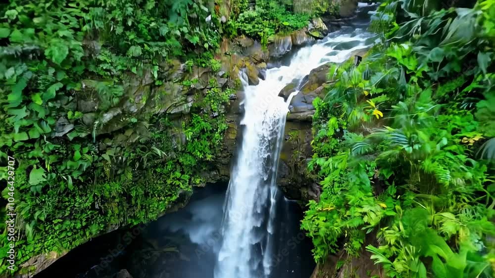 A stunning waterfall cascading down into a lush green forest, surrounded by vibrant foliage and tropical plants A stunning waterfall cascading down into a lush green forest, surrounded by vibrant foliage and tropical plants