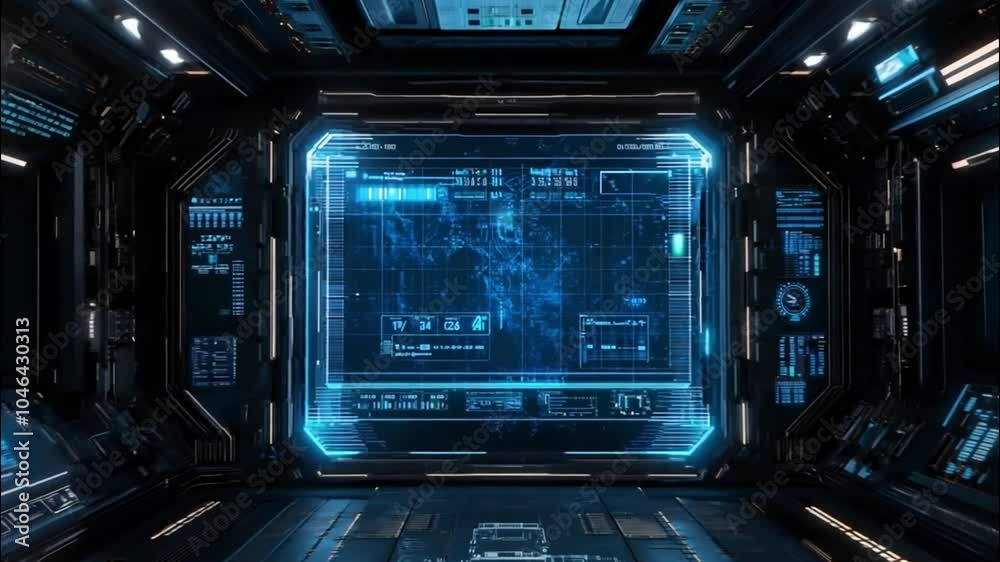 Futuristic Control Room with Data Display and Blue Glowing Lights Futuristic Control Room with Data Display and Blue Glowing Lights