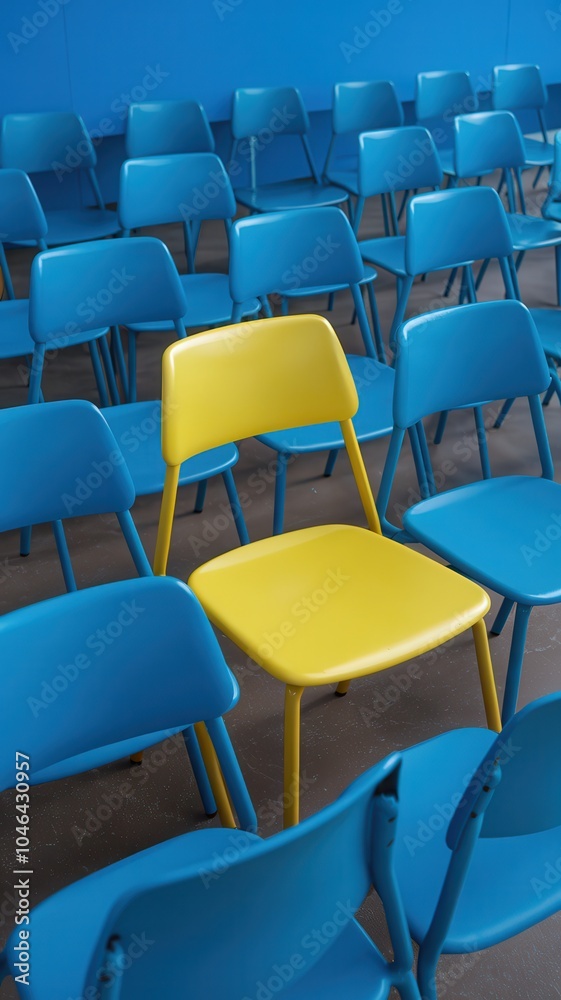 Fototapeta premium Yellow chair is sitting in a row of blue chairs