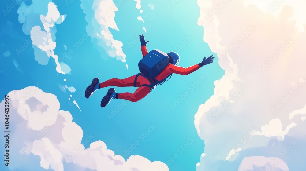A skydiver in a red jumpsuit falls through the air with a blue sky and clouds in the background. A skydiver in a red jumpsuit falls through the air with a blue sky and clouds in the background.