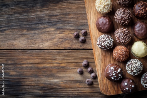 A high-angle shot of chocolate truffles with different toppings on a rustic wooden board, with blank space on the right for a message or promotional content.