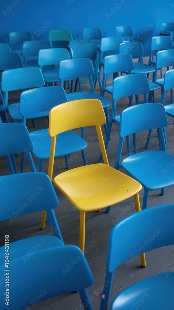 Obraz premium Yellow chair is sitting in a row of blue chairs