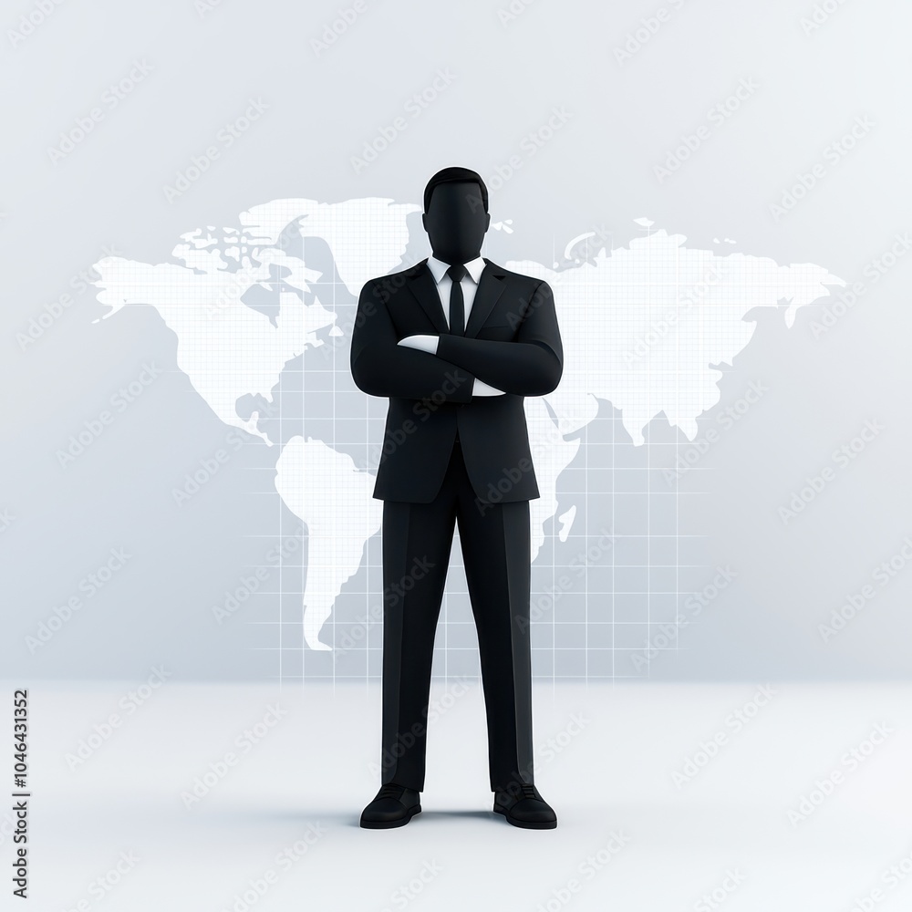 Businessman silhouette with crossed arms on a world map background. Businessman silhouette with crossed arms on a world map background.