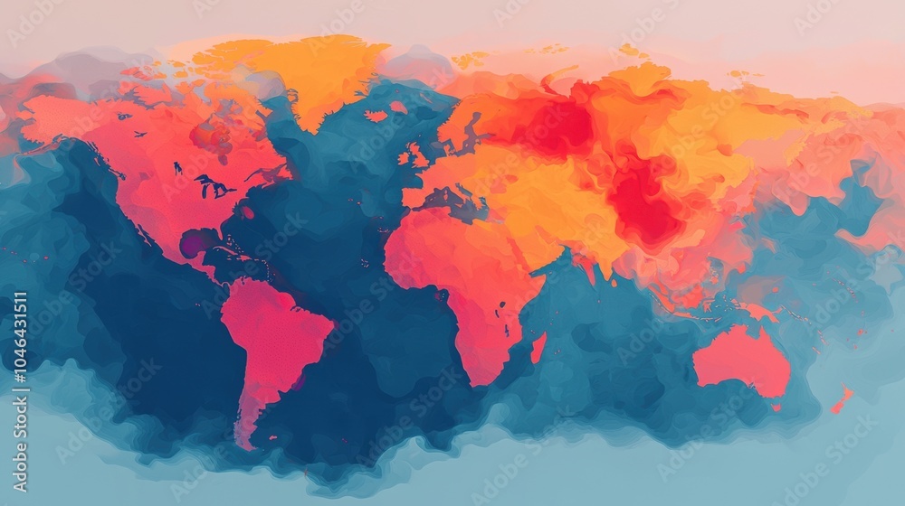Obraz premium A colorful, artistic world map depicting continents with vivid hues of blue, pink, and orange, showcasing a creative representation of geographic areas.