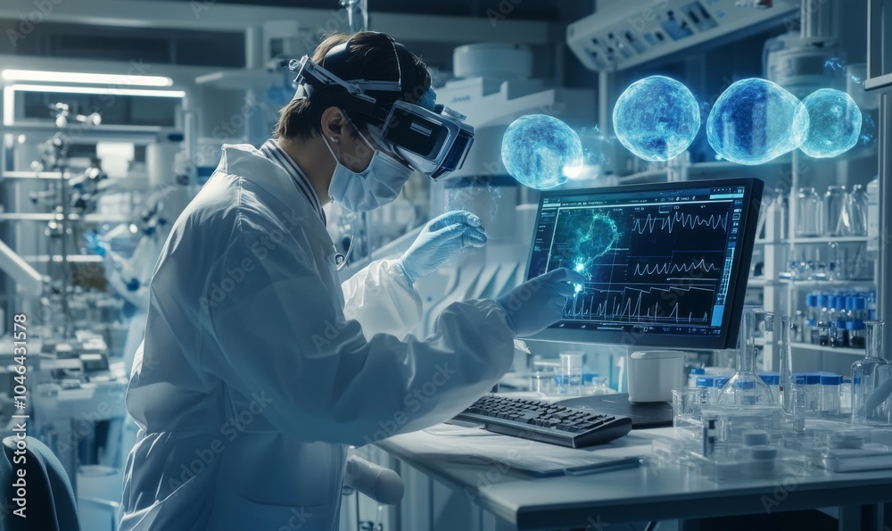 science doctor in metaverse researching and working on futuristic 3d digital screen. Future, innovation and researcher in vr headset busy in a laboratory with medical science doctor in metaverse researching and working on futuristic 3d digital screen. Future, innovation and researcher in vr headset busy in a laboratory with medical