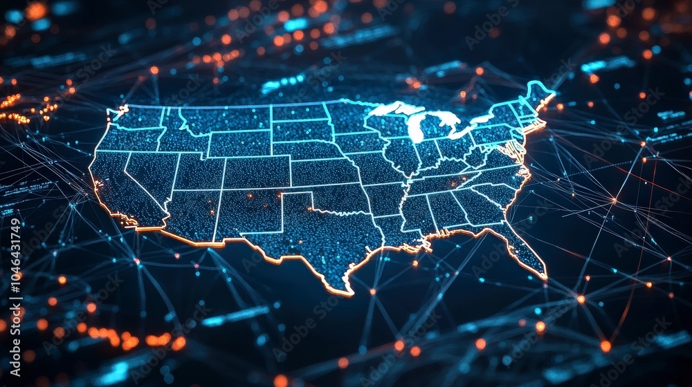 A digital map of the United States showcasing interconnected data points. A digital map of the United States showcasing interconnected data points.