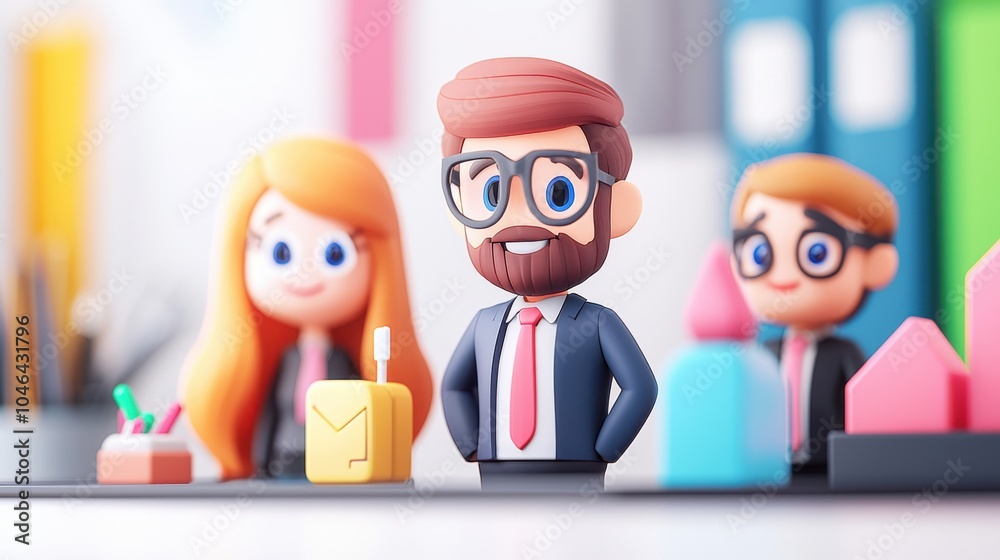 Fototapeta premium Three cartoon business characters in an office setting, colorful background.