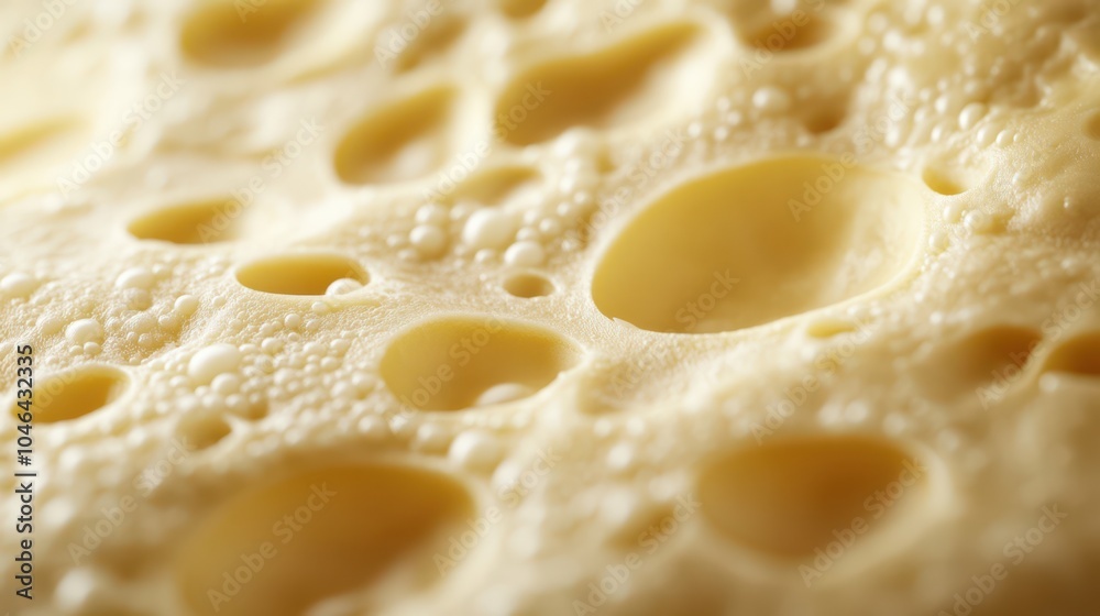 Macro shot of Emmental cheese showcasing its iconic holes and smooth texture Macro shot of Emmental cheese showcasing its iconic holes and smooth texture