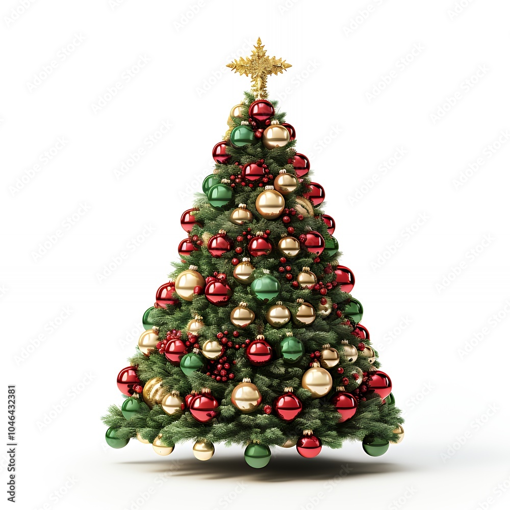 A beautifully decorated Christmas tree with red, green, and gold ornaments and a golden star on top, isolated on a white background.
