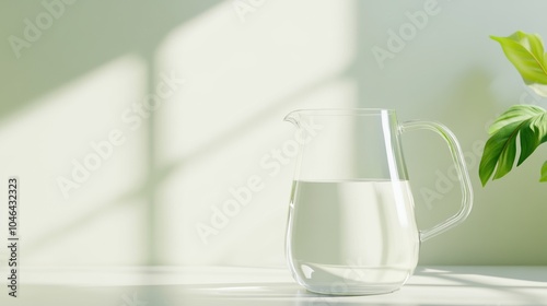 A clear glass pitcher filled with water sits on a table, accompanied by a green plant, with soft sunlight casting gentle shadows around it.