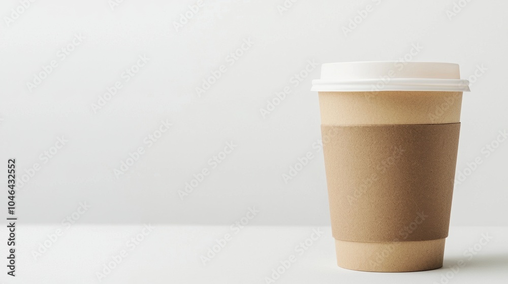 A simple coffee cup with a brown sleeve and white lid, set against a minimalistic background. A simple coffee cup with a brown sleeve and white lid, set against a minimalistic background.