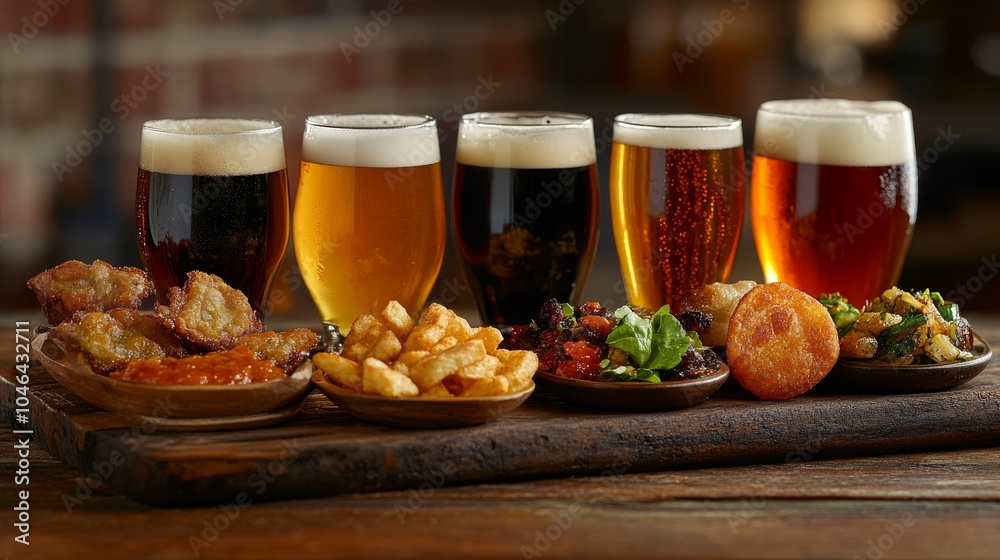 A selection of craft beers paired with delicious snacks, showcasing a variety of colors and flavors for a perfect tasting experience. A selection of craft beers paired with delicious snacks, showcasing a variety of colors and flavors for a perfect tasting experience.