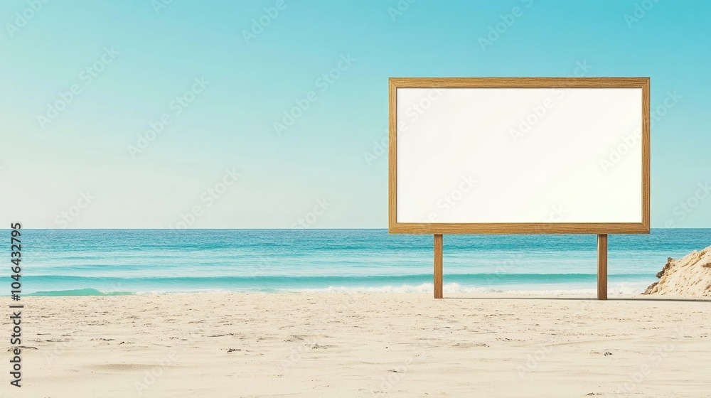 A blank wooden billboard stands on a sandy beach, overlooking a tranquil ocean under a clear blue sky. A blank wooden billboard stands on a sandy beach, overlooking a tranquil ocean under a clear blue sky.