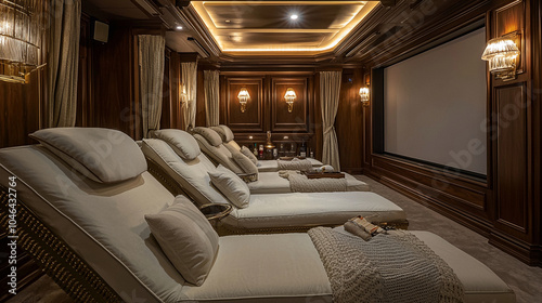 a luxury home theater with a retractable projection