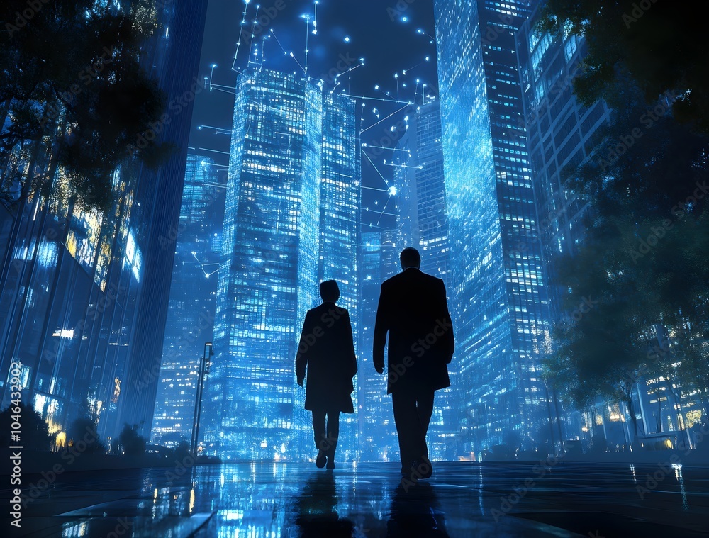 Obraz premium People Walking in a Glowing Cityscape at Night