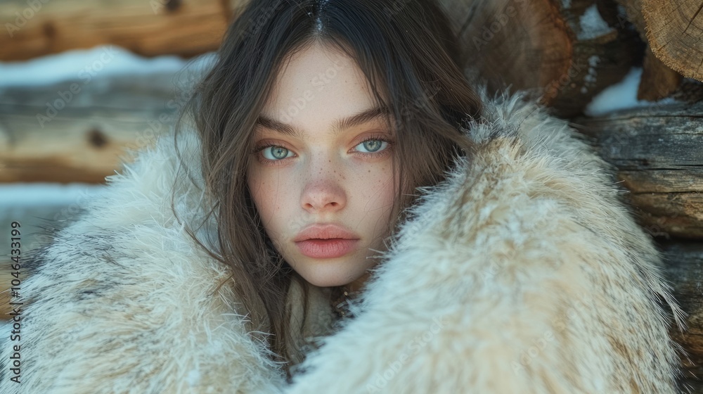 Cozy Winter Fashion: Young Woman in Faux Fur Vest Posing at Snowy Cabin Cozy Winter Fashion: Young Woman in Faux Fur Vest Posing at Snowy Cabin