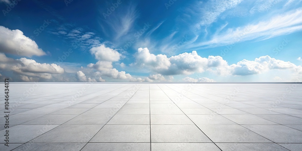 Sunny sky and fluffy clouds reflecting on white tile floor Sunny sky and fluffy clouds reflecting on white tile floor