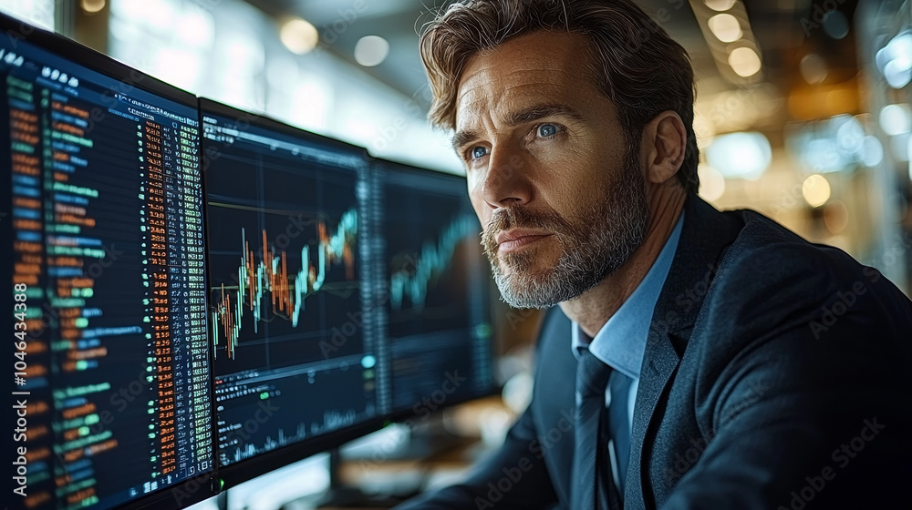 Fototapeta premium focused businessman analyzes stock market data on multiple screens, showcasing financial trends and charts in modern office environment. His expression reflects determination and insight
