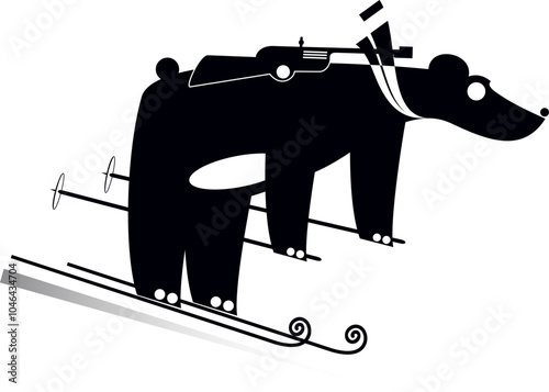 Biathlon competitor bear. 
Skiing a biathlon competitor bear. Black and white illustration
