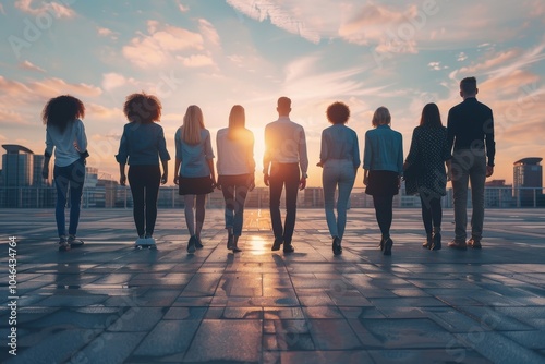Diverse Group of People Walking Towards Sunset on Urban Rooftop