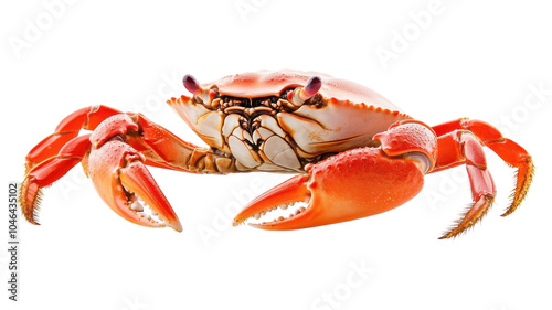 Brightly colored crab showcasing vibrant claws against a transparent background captures attention in marine life photography.