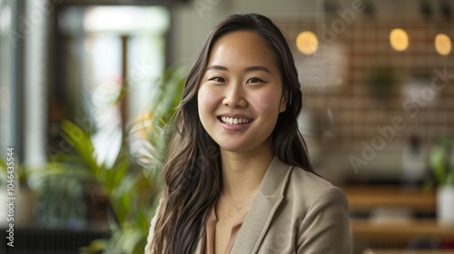 Professional woman smiling in modern office with natural light.