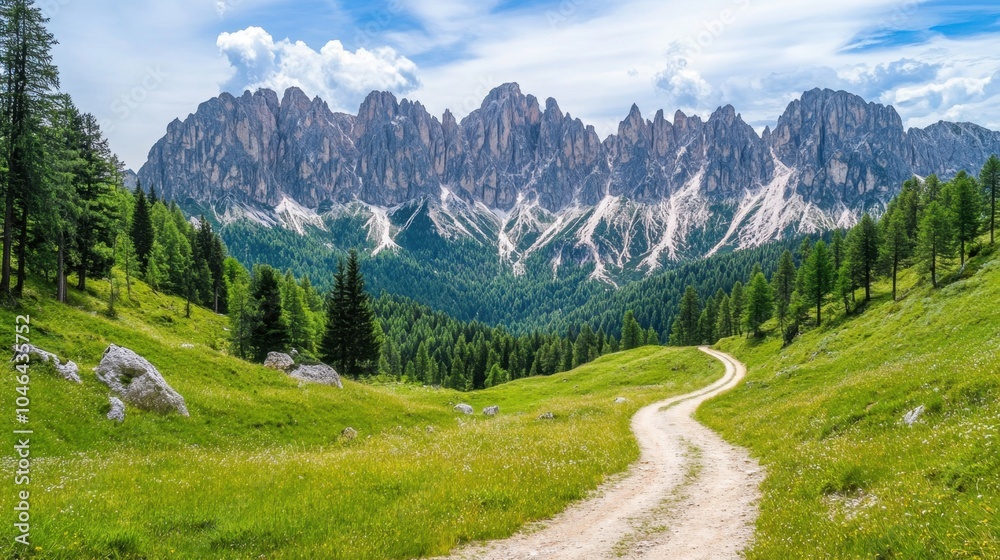 Fototapeta premium A mountain landscape with a winding dirt road leading through fields and forests, framed by majestic peaks.