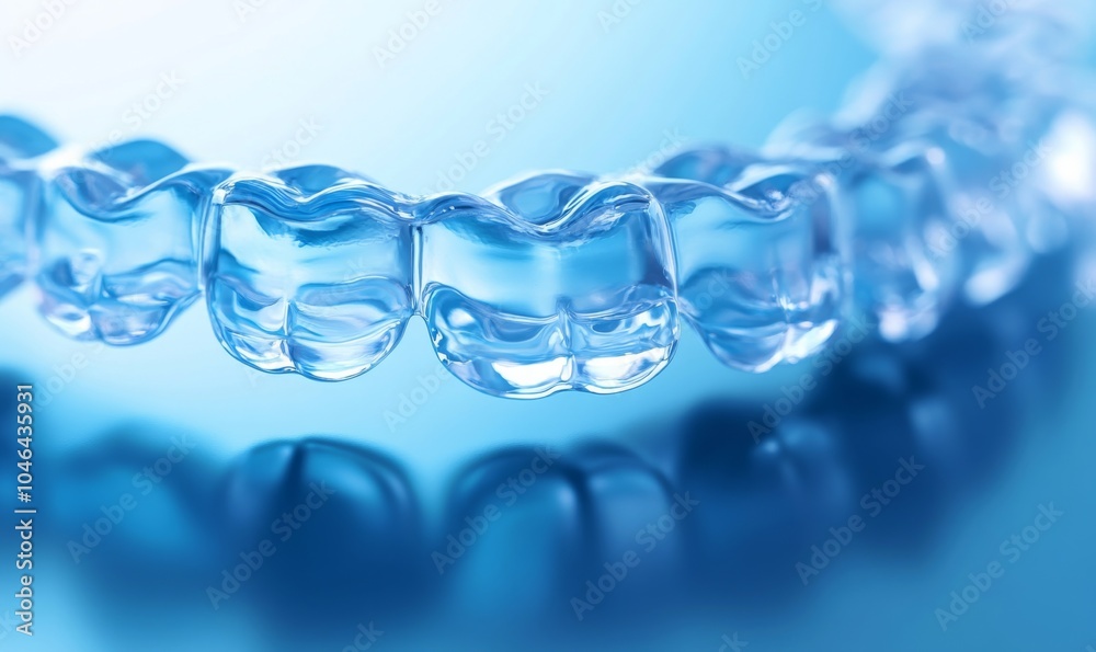 Clear dental aligners on a blue surface. Modern orthodontic treatment concept. Clear dental aligners on a blue surface. Modern orthodontic treatment concept.