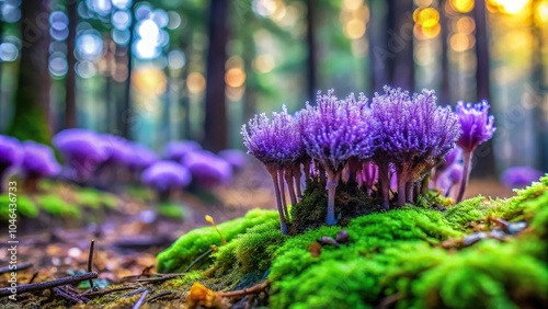 Slime mold growing in a forest clearing with various shades of purple and green hues, slime mold, forest floor, fungal growth photo