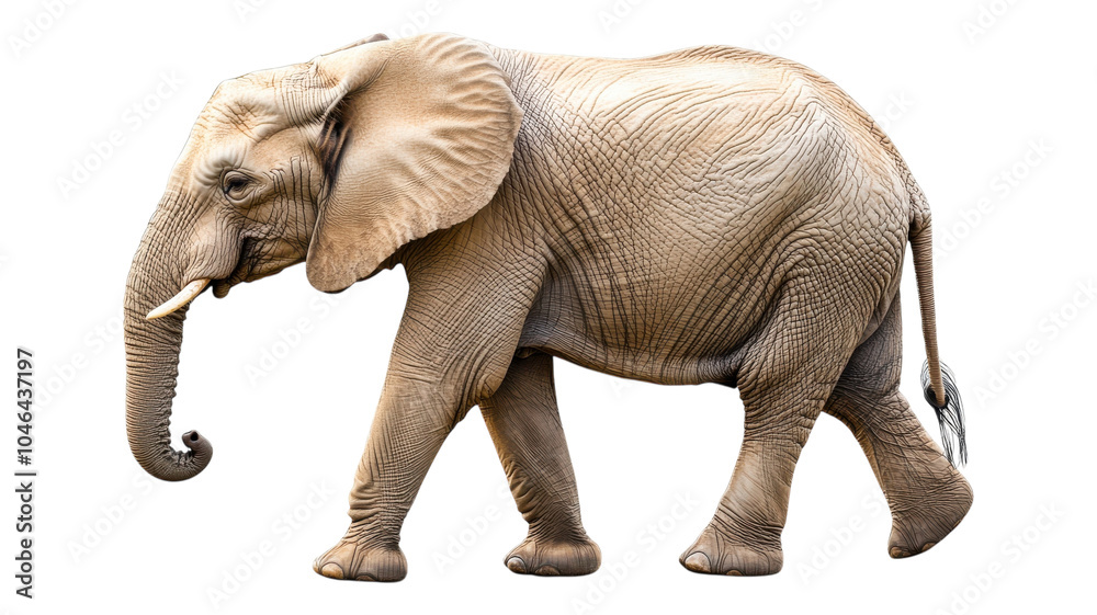 Fototapeta premium An adult elephant walks gracefully across a plain during daylight, showcasing its majestic form and features.