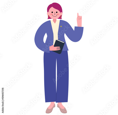 条文集を手に持った弁護士の女性が人差し指を立てている全身のイラスト