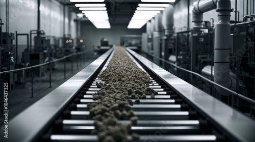 Modern Industrial Factory Conveyor Belt with Rows of Brown Pellets in a Controlled Environment