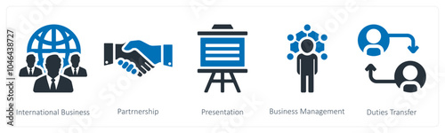 A set of 5 business icons as international business, partnership, business management