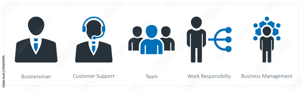 A set of 5 business icons as businessman, customer support, team A set of 5 business icons as businessman, customer support, team
