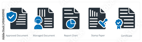 A set of 5 business icons as approved document, managed document, report chart
