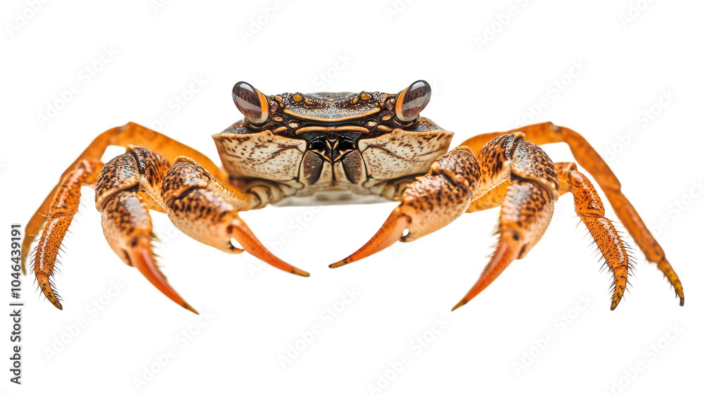 Detailed close-up of a brown crab showcasing its vibrant claws and unique shell patterns against a transparent background. Detailed close-up of a brown crab showcasing its vibrant claws and unique shell patterns against a transparent background.