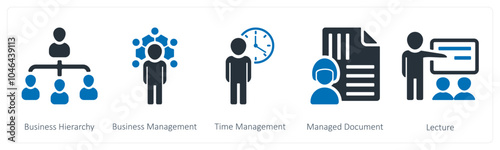 A set of 5 business icons as business hierarchy, business management, time management