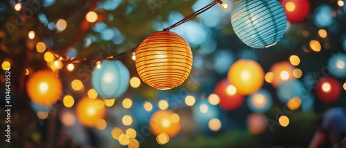 Partydekoration für eine Gartenparty im Sommer, Leuchtende Lampion Girlande  photo