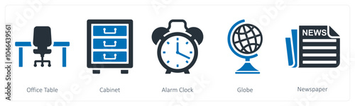 A set of 5 business icons as office table, cabinet, alarm clock