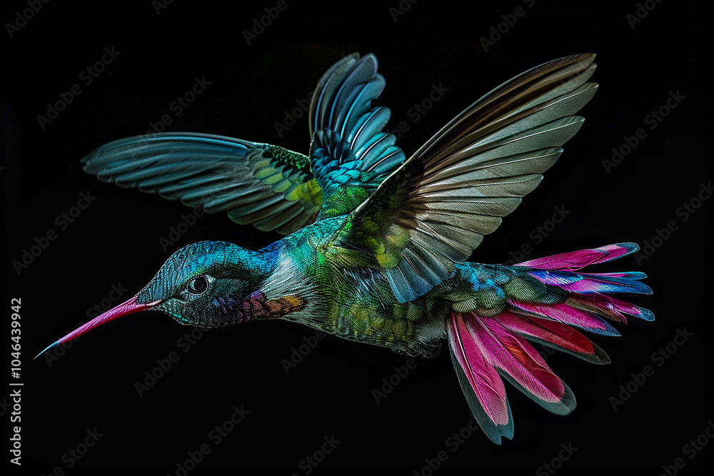 Obraz premium Beautiful hummingbird in flight, green body with blue head and pink tail